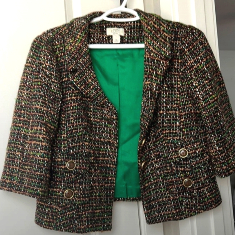 Green Tweed Cropped Blazer with Goldtone Buttons - Holiday Outfit